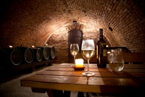 Wine cellar with wine bottle and glasses