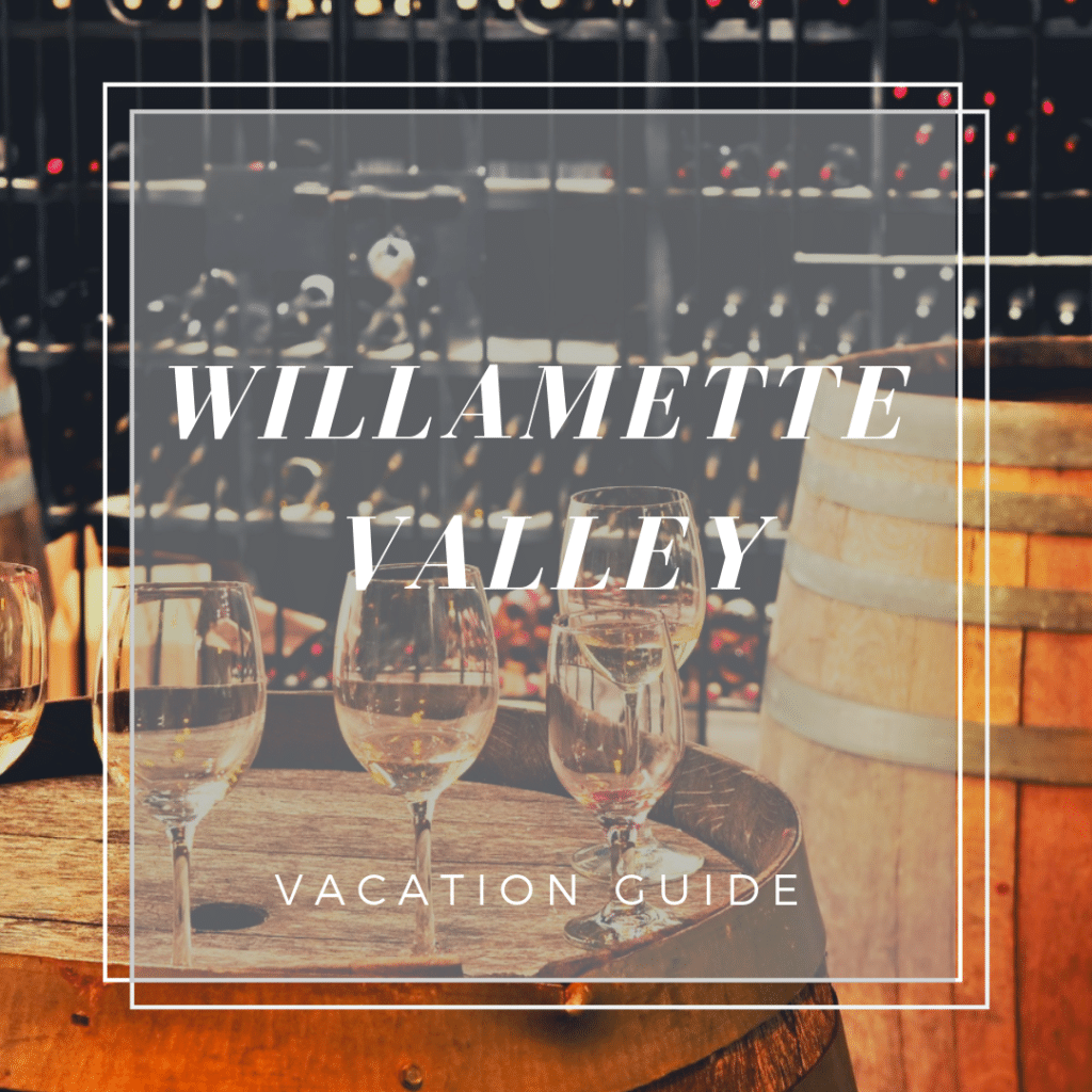 view of wine cellar with text "willamette valley vacation guide" on top