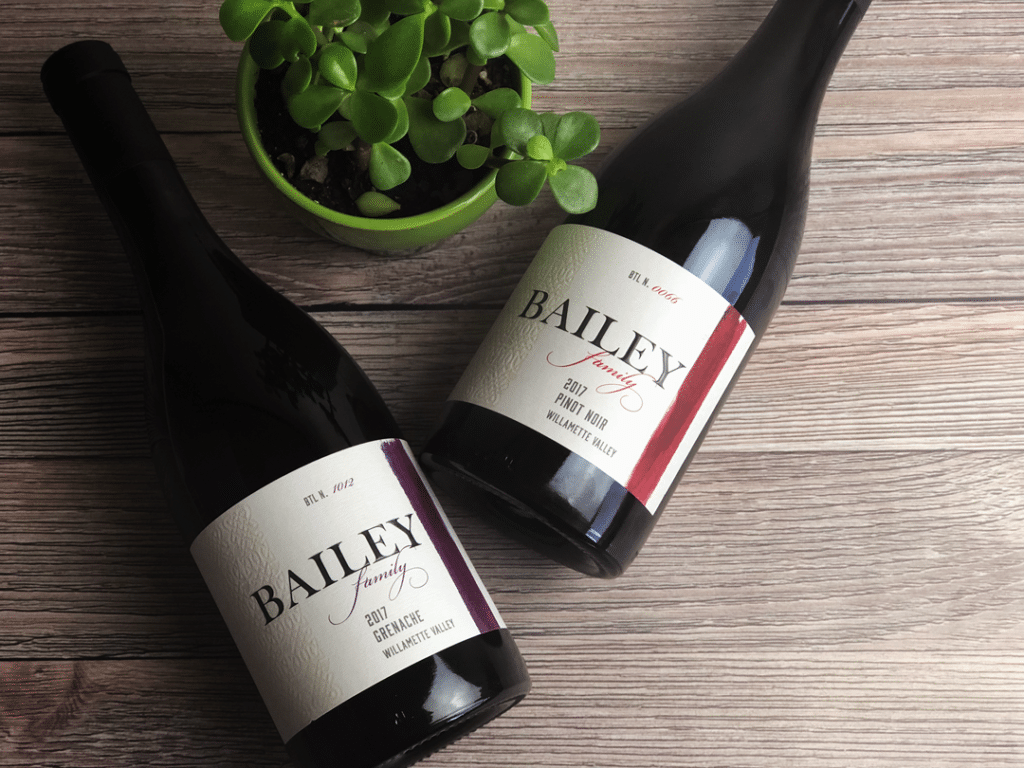 Bottle of 2017 Bailey Family Grenache Willamette Valley and bottle of 2017 Bailey Family Pinot noir Willamette Valley