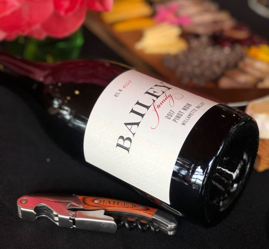 Bottle of 2017 Bailey Family Pinot noir Willamette Valley with corkscrew