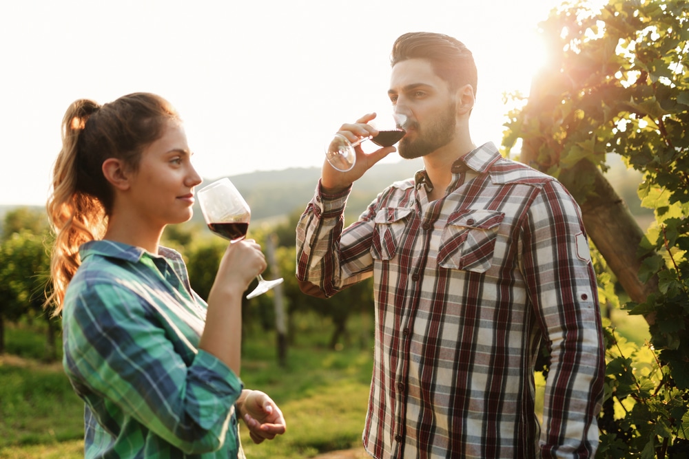 Things to do in McMinnville, happy couple tasting wine in a vineyard in the Willamette valley 