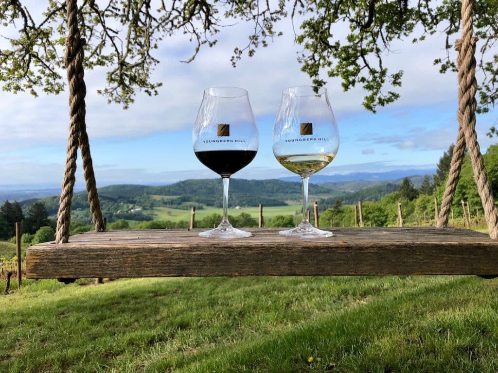 Willamette Valley Tasting Rooms, photo of our wines on the swing in our vineyard